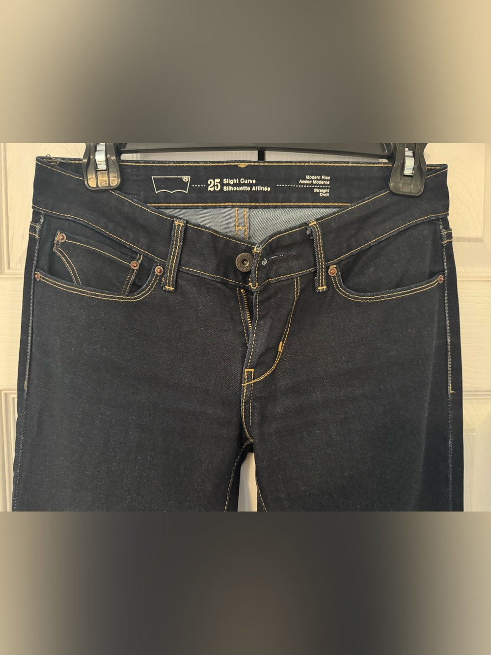 Levi's Slight Curve, Modern Rise, Straight Leg Jeans in Dark Indigo.